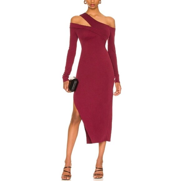 NWT NBD Sammy Asymmetric One Shoulder Long Sleeve Midi Dress Knit Burgundy Small - Picture 1 of 10